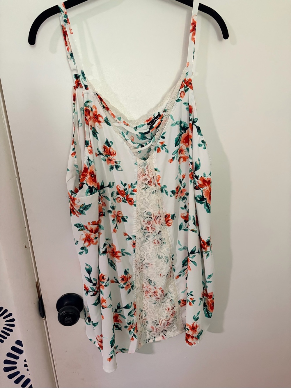 Torrid Floral Lace-Trim Spaghetti Strap Tank Top - White with Orange Floral